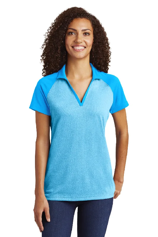 lightweight utility shirts -Sport-Tek Womens RacerMesh Moisture Wicking Short Sleeve Polo Shirt - Heather Pond Blue/Pond Blue