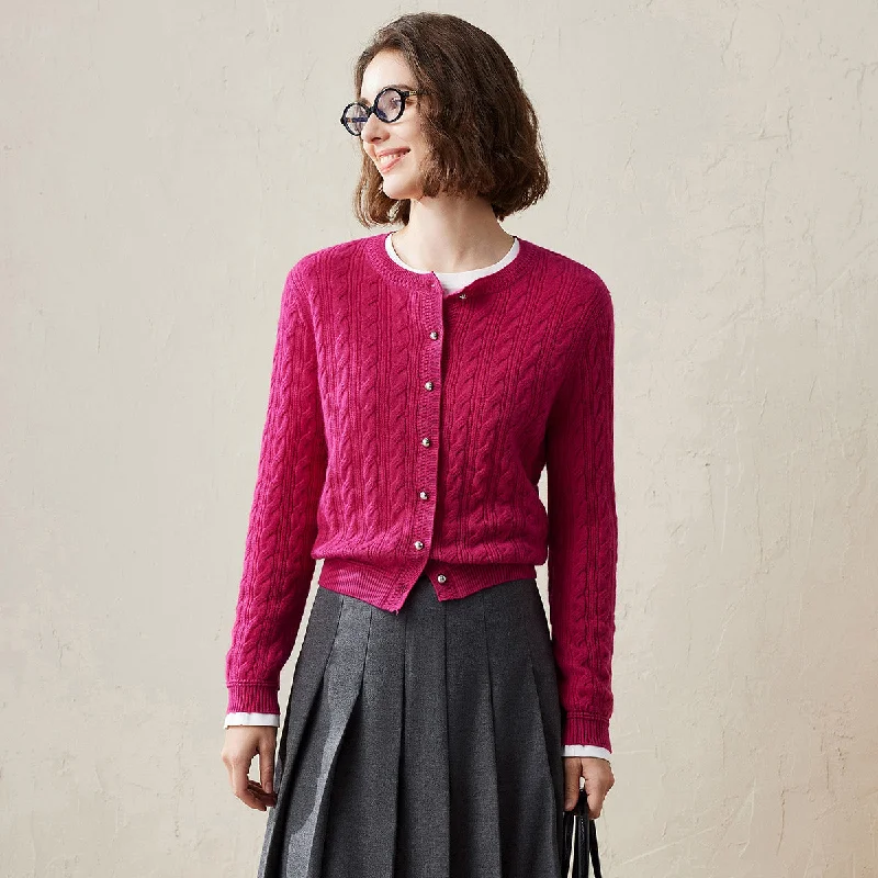 warm cashmere wool cardigan -100% Cashmere Cable Knit Cardigan with Button-Up Front