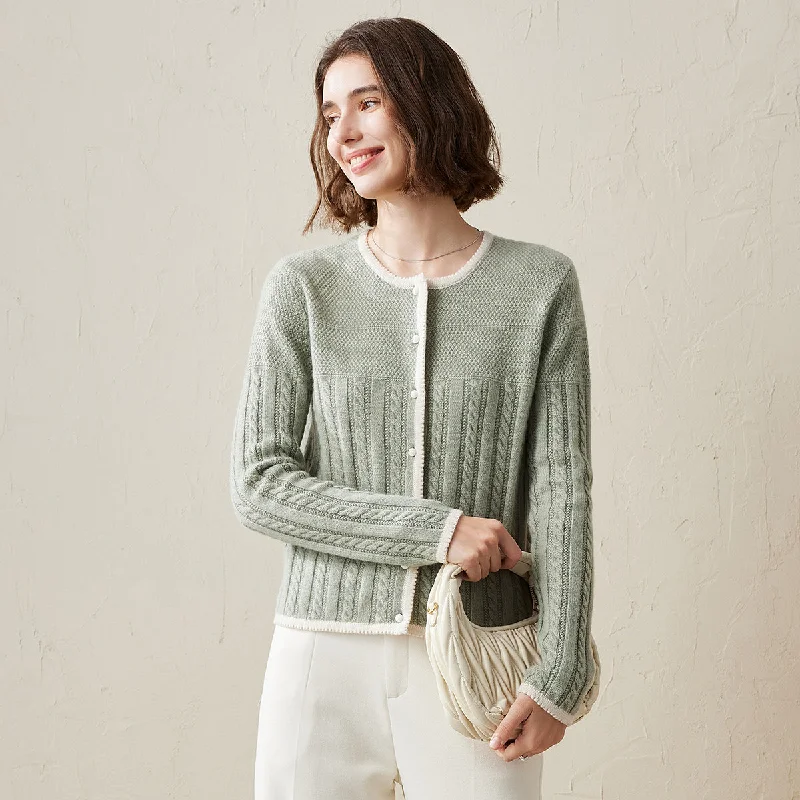 durable outdoor cardigan -100% Cashmere Cable Knit Cardigan with Contrasting Trim