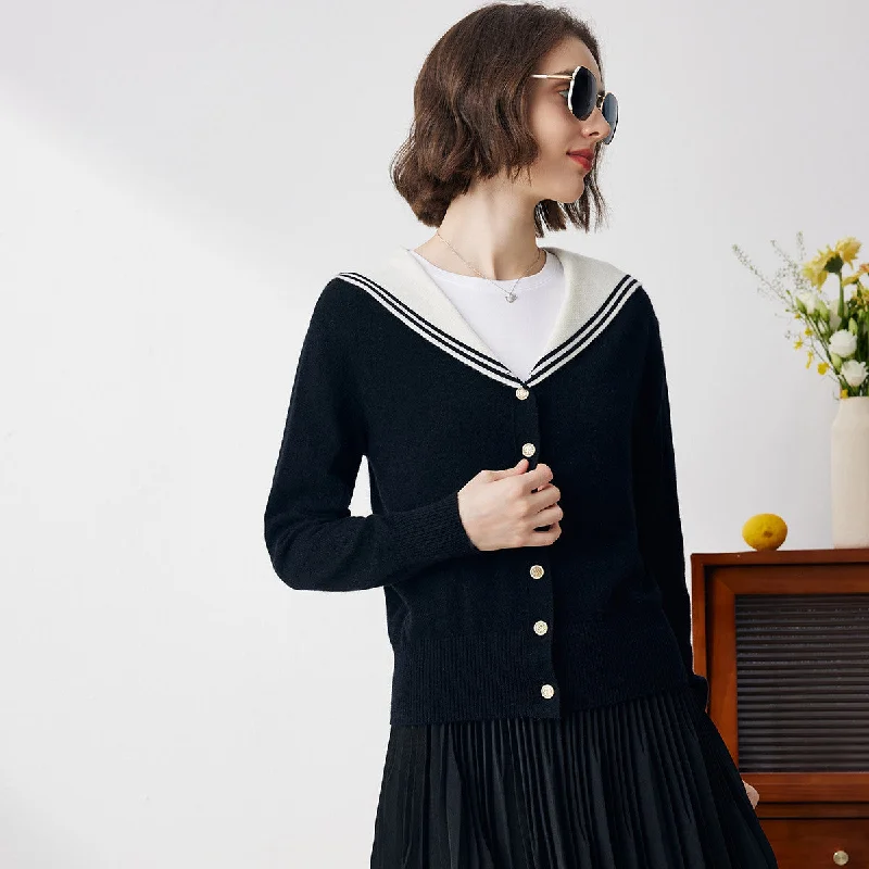 bold geometric knit cardigan -100% Cashmere Classic Sailor Collar Cardigan