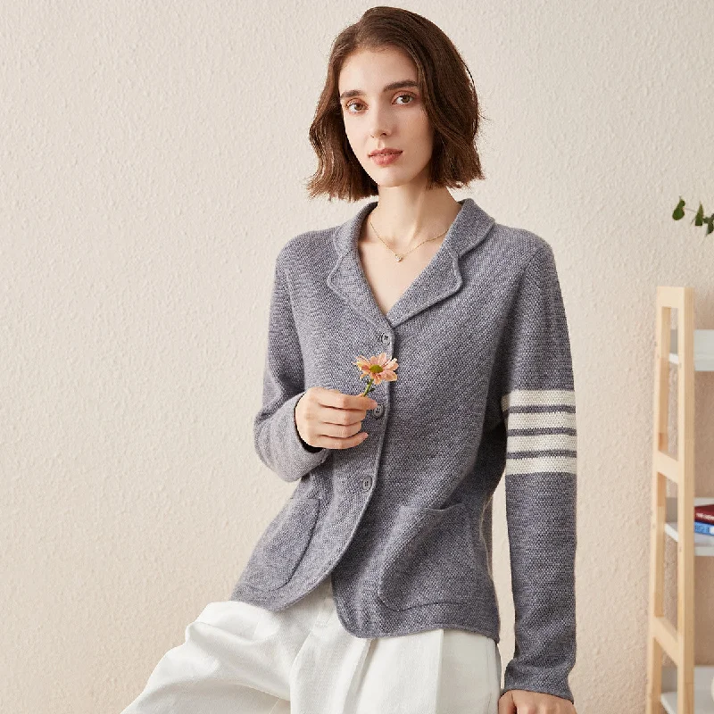 durable tweed cashmere cardigan -100% Cashmere Knitted Cardigan with Pockets and Striped Sleeve Detail