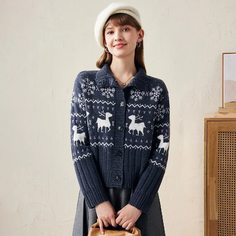 bold checkered cashmere cardigan -100% Wool Cozy Reindeer Knit Cardigan