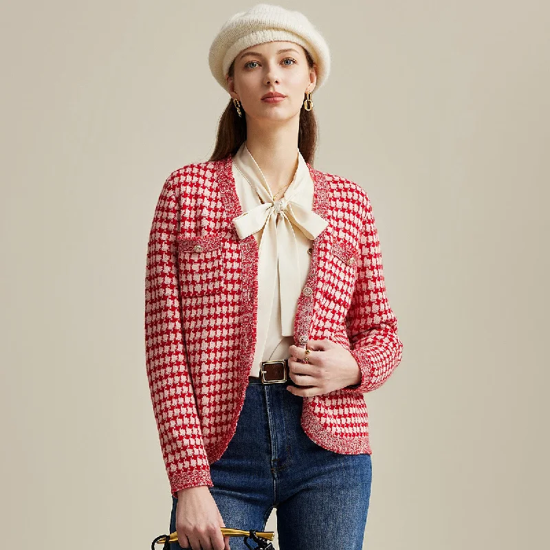 stylish tiered knit cardigan -100% Wool Elegant Houndstooth Cardigan