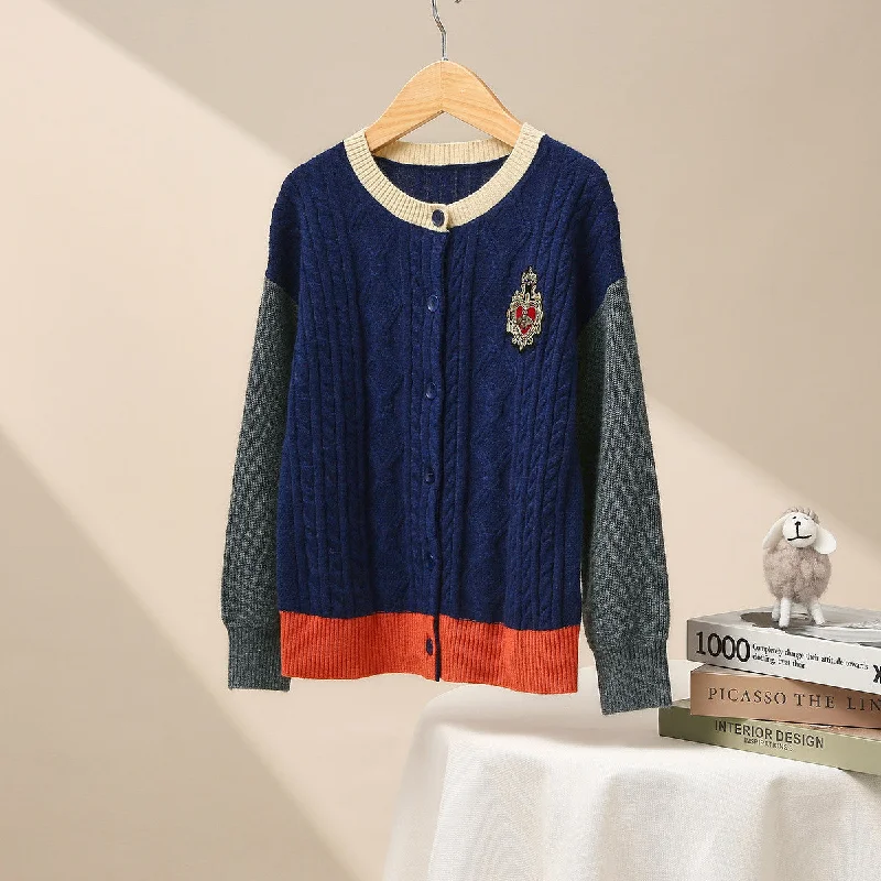 warm cashmere cardigan -100% Wool Kid's Royal Embroidered Cable Knit Cardigan