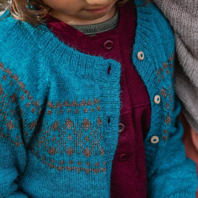 trendy fringed cashmere cardigan -Alpine Cardigan - 100% Baby Alpaca - Turquoise (18m-8y)