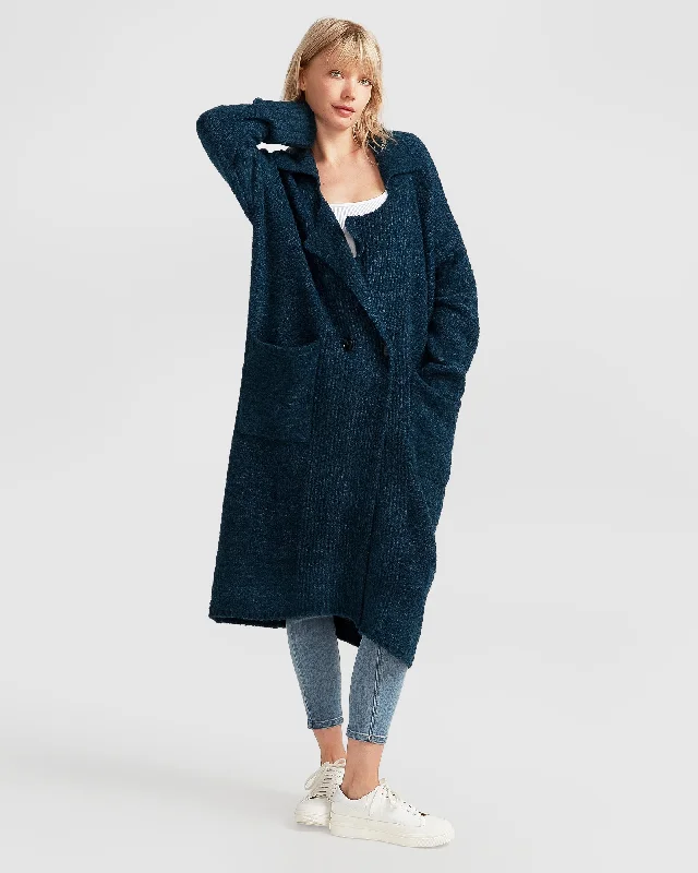 soft cotton cashmere cardigan -Born To Run Sustainable Sweater Coat - Dark Teal