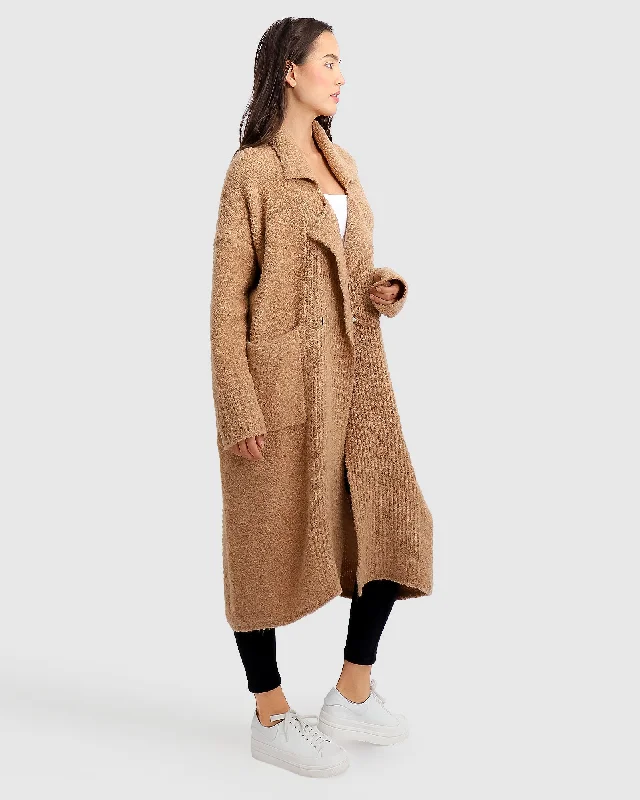 relaxed wrap cashmere cardigan -Born To Run Sustainable Sweater Coat - Light Camel