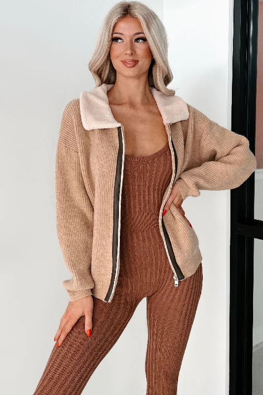 flared hem merino cardigan -Cappuccino Cozy Sherpa Collar Sweater Jacket (Taupe)