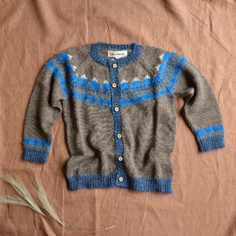 relaxed fit merino cardigan -FairIsle Mountain Cardigan - 100% Baby Alpaca - Cedar/Blue (18m-8y)