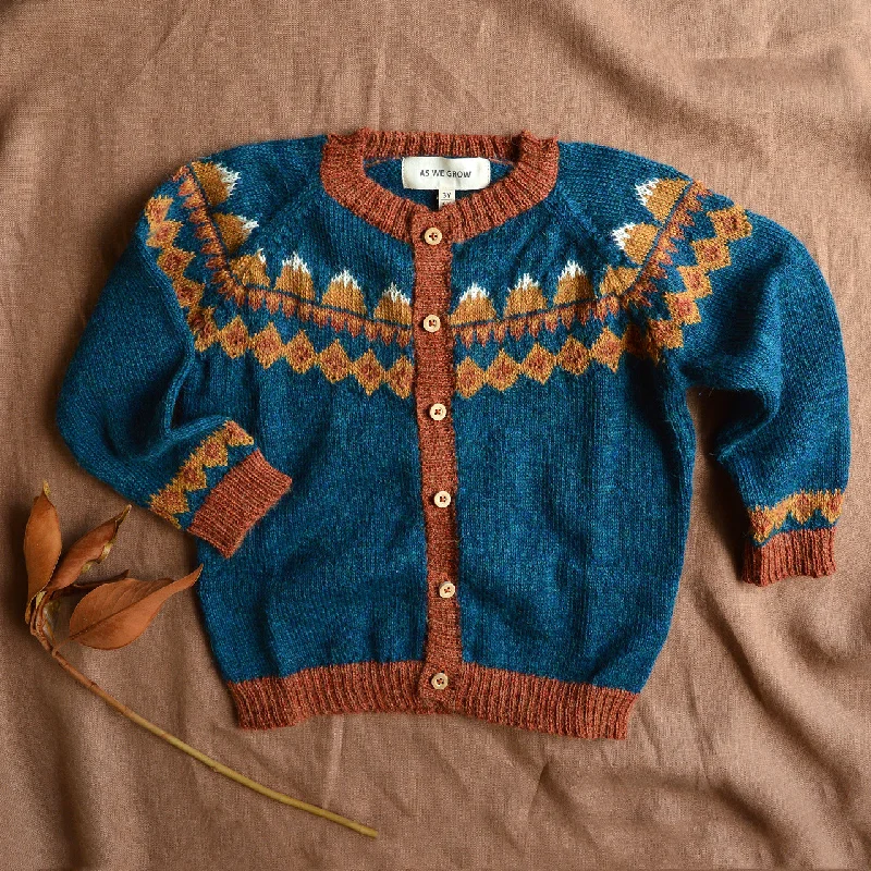 elegant satin cashmere cardigan -FairIsle Mountain Cardigan - 100% Baby Alpaca - Peacock (6-8y)  *Last One!