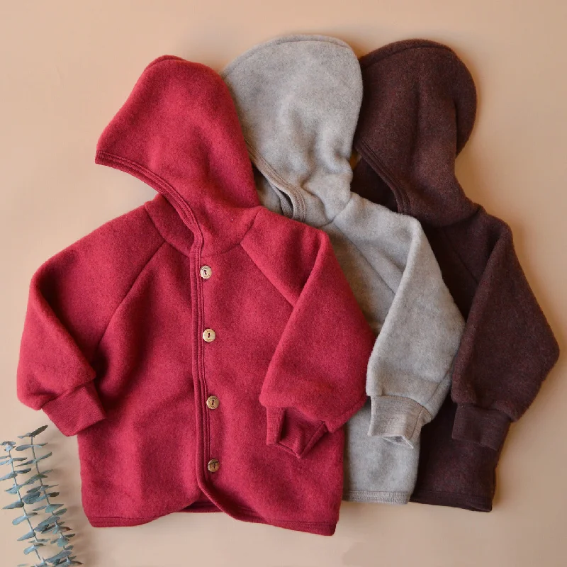 soft knit belted merino cardigan -Hooded Jacket in Organic Wool Fleece with Buttons (0-6y)