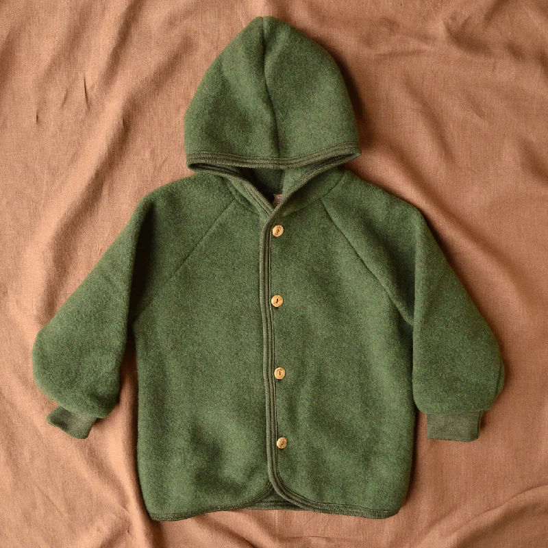 warm winter cardigan -Hooded Jacket in Organic Wool Fleece with Buttons - Reed (3-6m) *Last One!