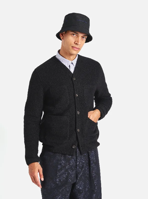 elegant satin trim cardigan -Universal Works Cardigan in Black Wool Fleece