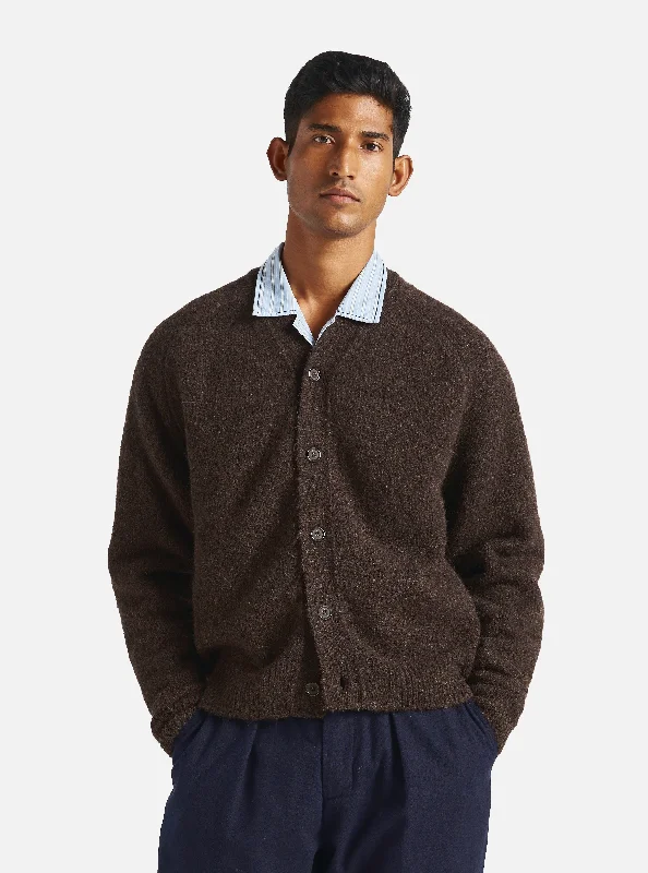 relaxed fit wool cardigan -Universal Works David Cardigan in Brown Alpaca Knit