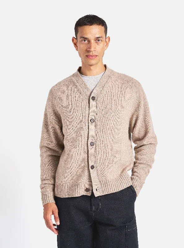 minimalist slim knit cardigan -Universal Works David Cardigan in Fawn Eco Wool