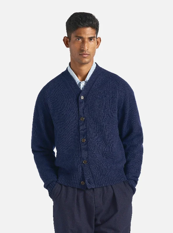 soft knit belted cardigan -Universal Works David Cardigan in Navy Eco Wool