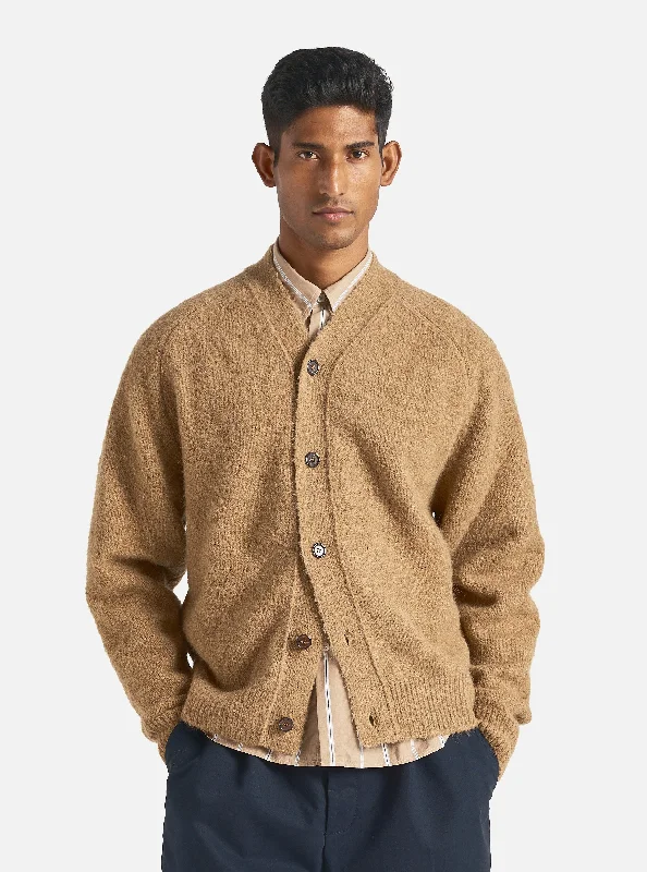 flared sleeve wool cardigan -Universal Works David Cardigan in Sand Alpaca Knit