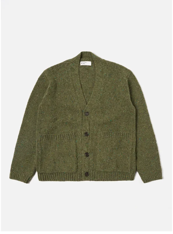 breathable linen knit cardigan -Universal Works Langdale Cardigan in Green Tweed Knit