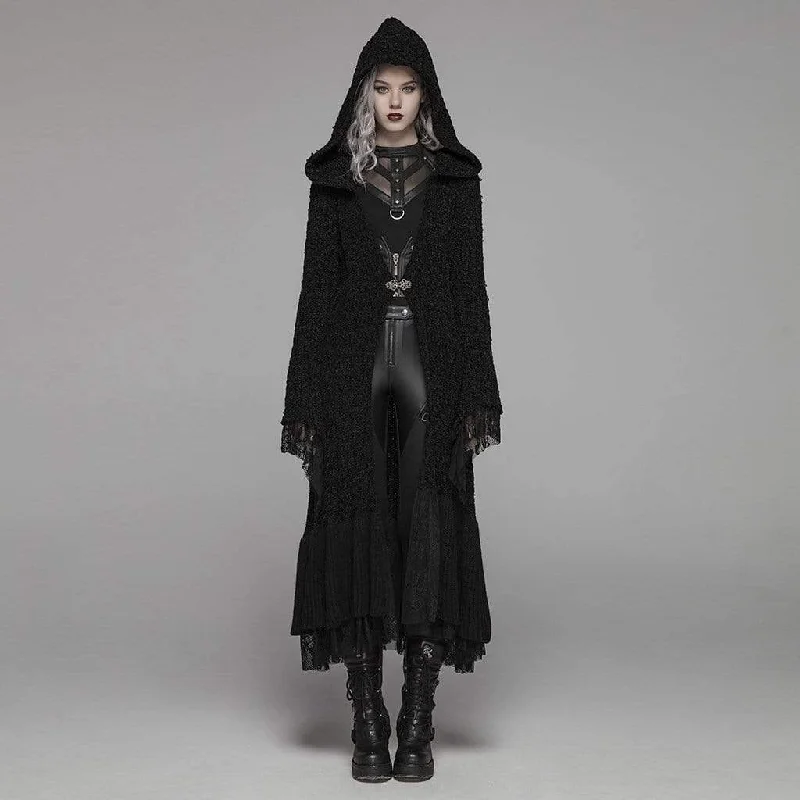 chic shawl wool cardigan -Women's Goth Multilayer Hooded Woolen Cardigan With Lace Sleeves