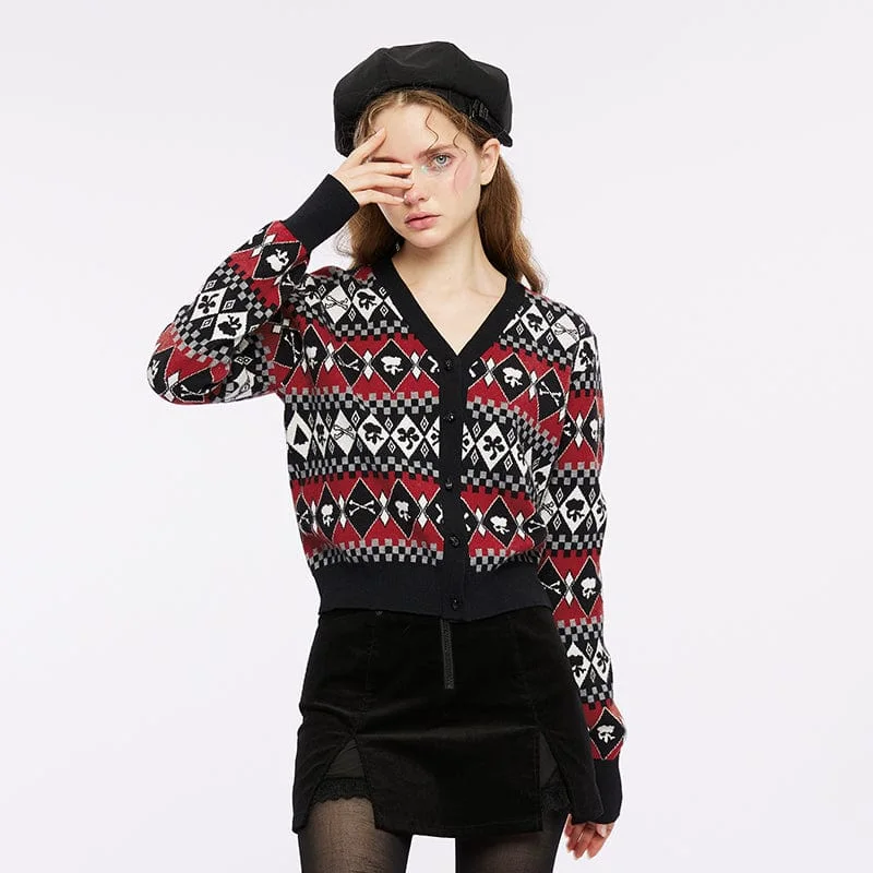 stretchy wool cardigan -Women's Grunge Skull Diamond Knitted Cardigan