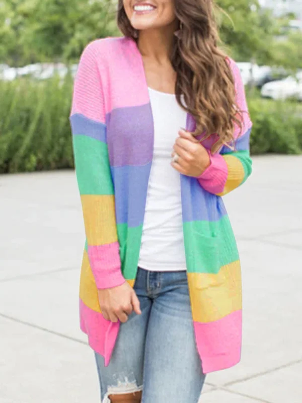 chic belted cardigan -Women's Open Front Longline Cardigan With Contrast Rainbow Pattern