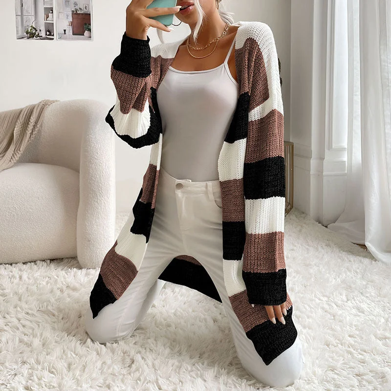 comfy lounge merino cardigan -Women's Open Front Thick Stripe Longline Cardigan