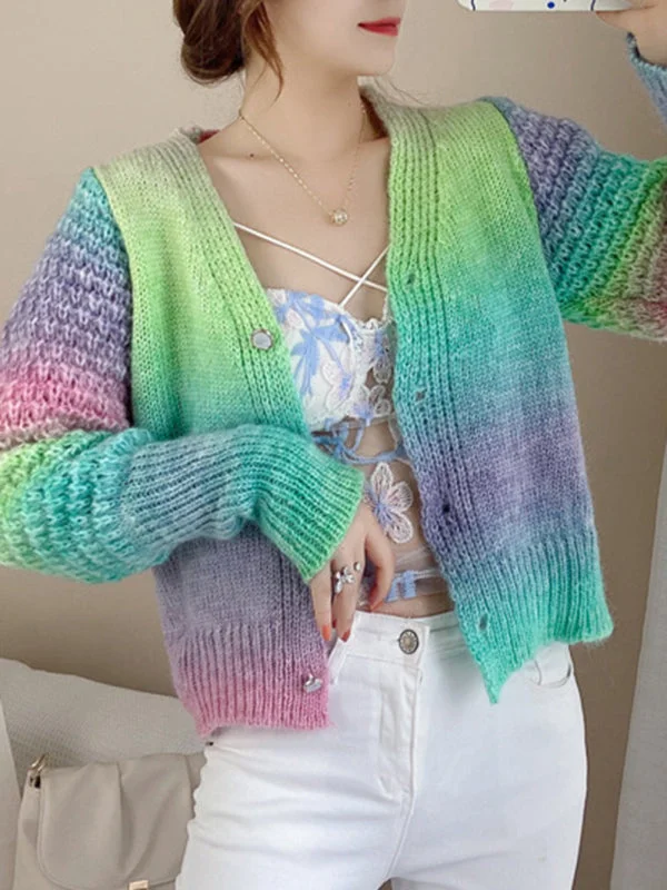 stylish long cardigan -Women's Rainbow Colour Gradient Waist Length Knit Cardigan