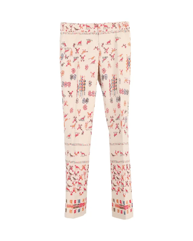 premium wool slim fit straight pants -Alberta Ferretti Printed Trousers in Beige Cotton