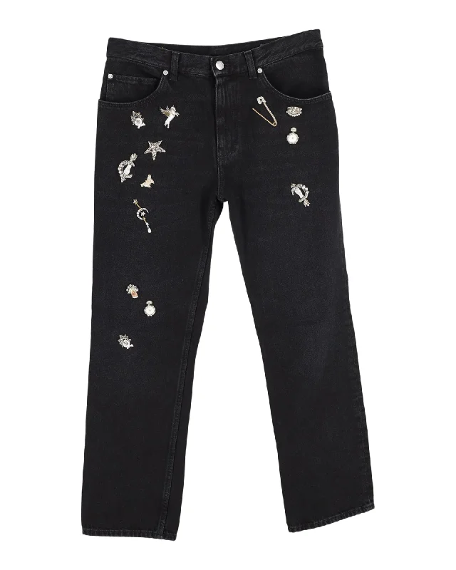 durable canvas work pants -Alexander McQueen Embellished Jeans in Black Cotton Denim