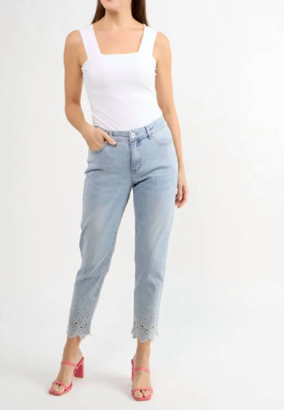 cozy velour track jogger straight pants -Button Front Jeans With Floral Cutouts And Bling In Light Blue