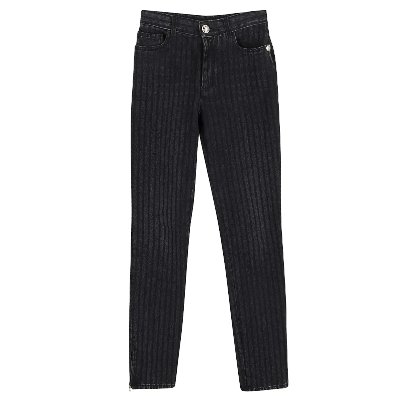 sustainable denim skinny fit pants -Chanel Pinstripe Straight-Leg Jeans in Grey Cotton