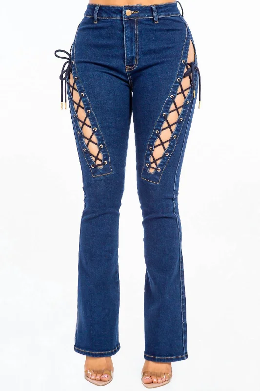 tailored straight leg slim fit straight pants -Chic Lace Up High Rise Denim In Dark Blue