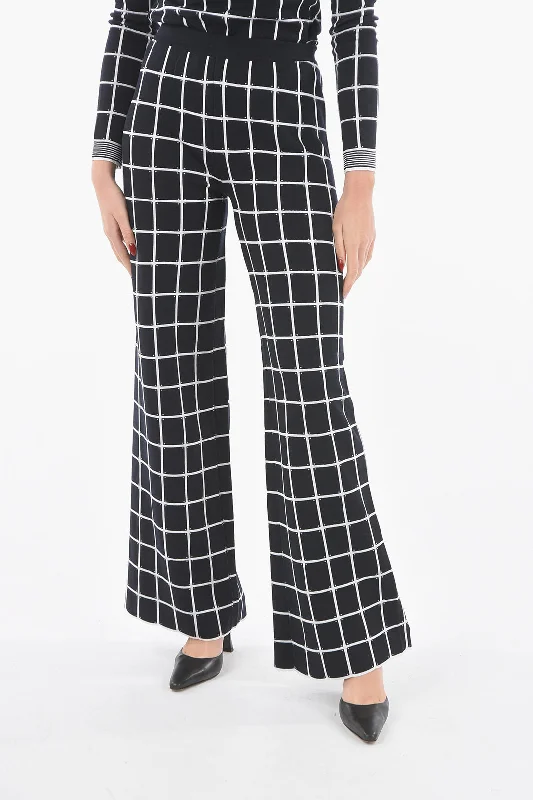 chic paperbag waist wide pants -DROMe Windowpane-checkered Jersey Flared Pants with Scalloped Hem