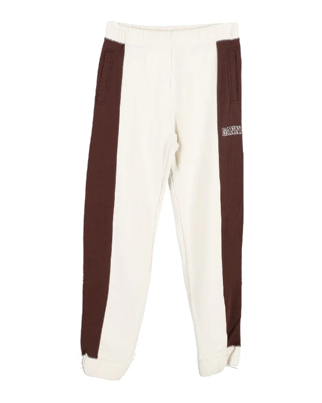 durable work chino straight leg slim pants -Ganni Software Block Isoli Striped Track Pants in Cream Organic Cotton Blend