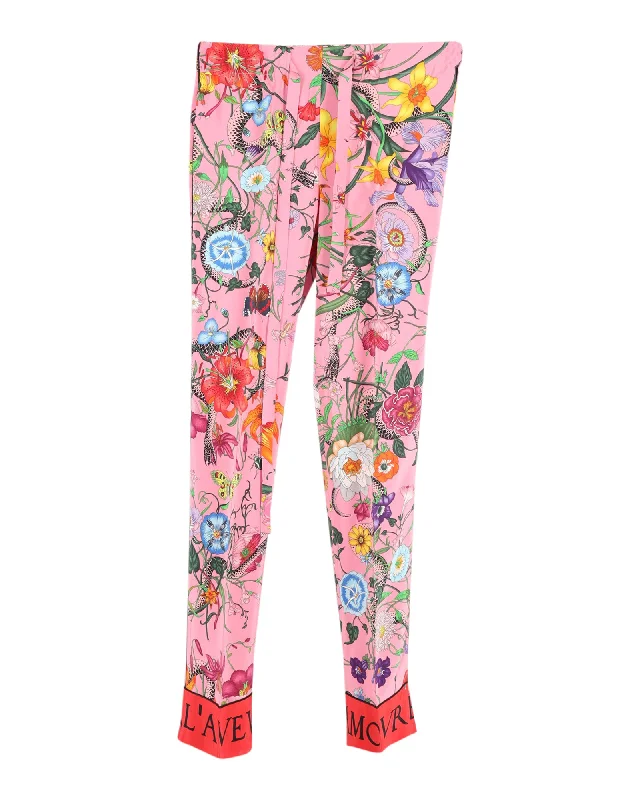 high rise cargo jogger slim fit pants -Gucci Snake Flora Print Trousers in Pink Silk