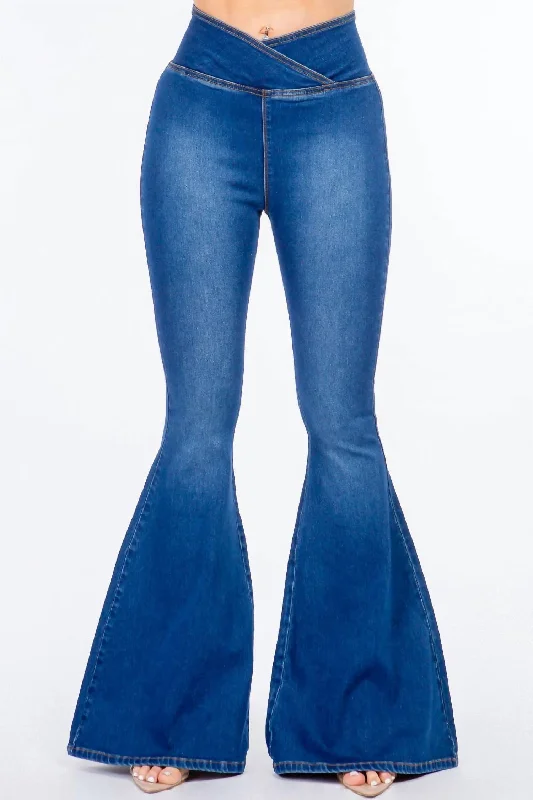 tailored straight leg pants -High Waist Pull On Flare Jeans In Blue