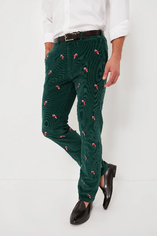 casual weekend straight leg pants -Hunter Green Candy Cane Embroidered Corduroy Pants (34" Inseam)