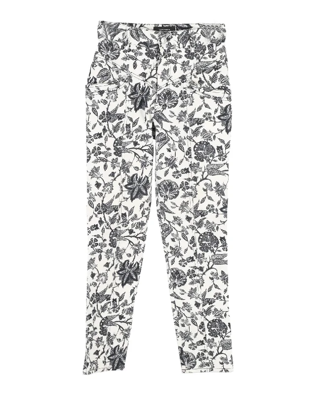 soft knit lounge straight leg slim pants -Isabel Marant Lorrick Cropped Floral-Print Jeans in White Cotton