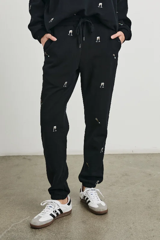 lightweight travel chino straight pants -KINGSTON PANT - BLACK CHAMPAGNE EMBROIDERY