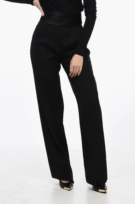 casual drawstring pants -LaQuan Smith Pleated Tailored Pants with Sash-Belt