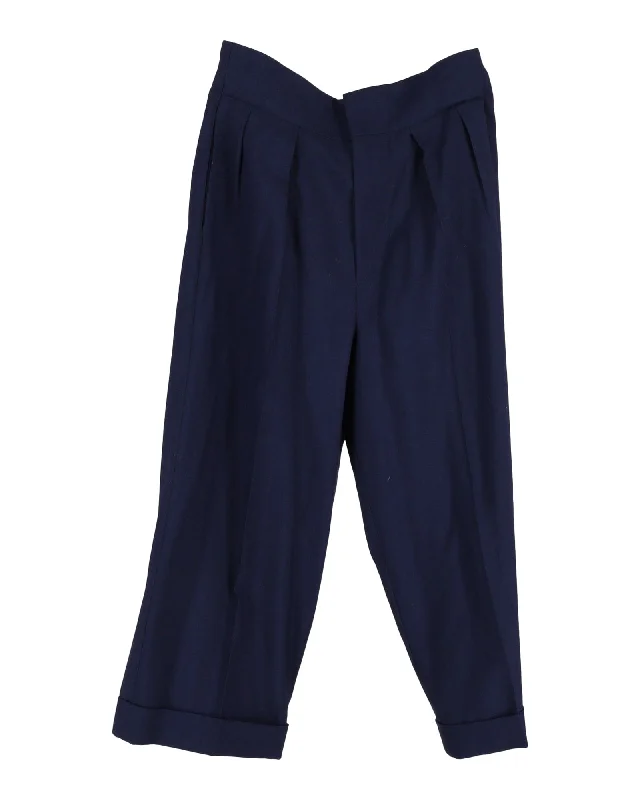 chic satin wide pants -Marni Pleated Trousers in Navy Blue Wool