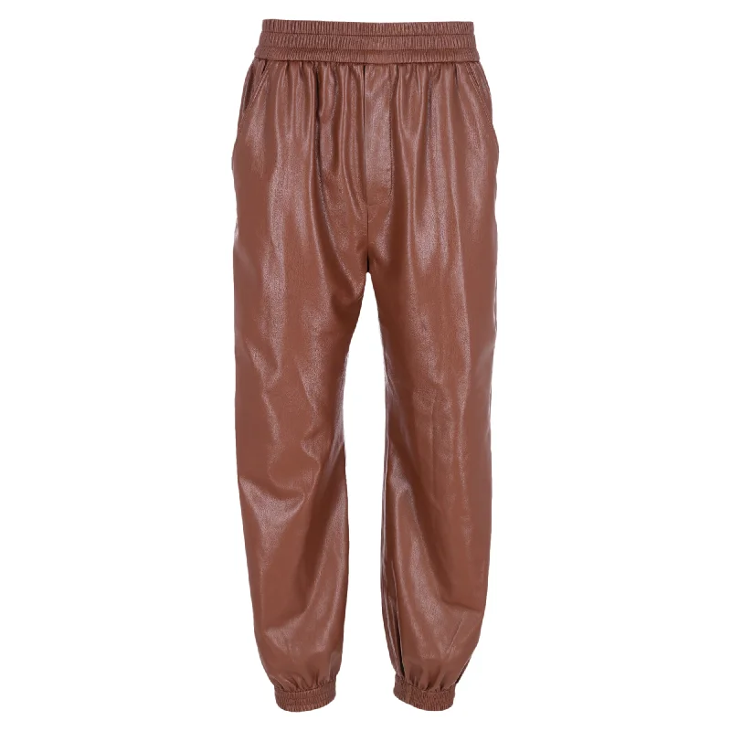 elegant cigarette slim fit pants -Nanushka Elastic Waist Pants in Brown Polyester