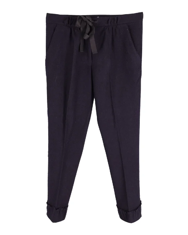 bold floral jogger wide leg pants -Nina Ricci Slim Fit Garterized Pants in Navy Blue Wool