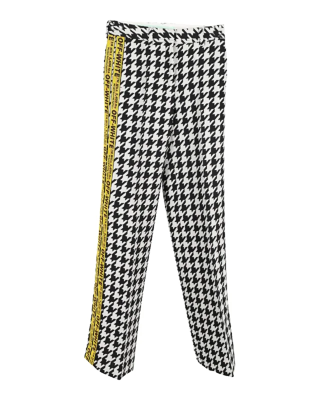 cozy fleece-lined straight leg slim pants -Off-White Logo-Trimmed Houndstooth Pants in Black and White Wool