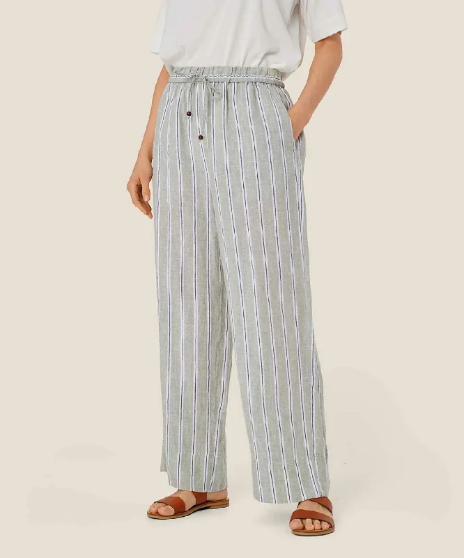 sustainable cotton wide leg slim pants -Penla Striped Linen Pant In Bog Print