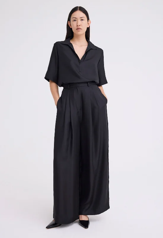 trendy culottes wide pants -Poirot Silk Twill Pant - Black