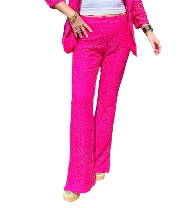 high performance running pants -Side Slit Lace Flare Pants In Hot Pink