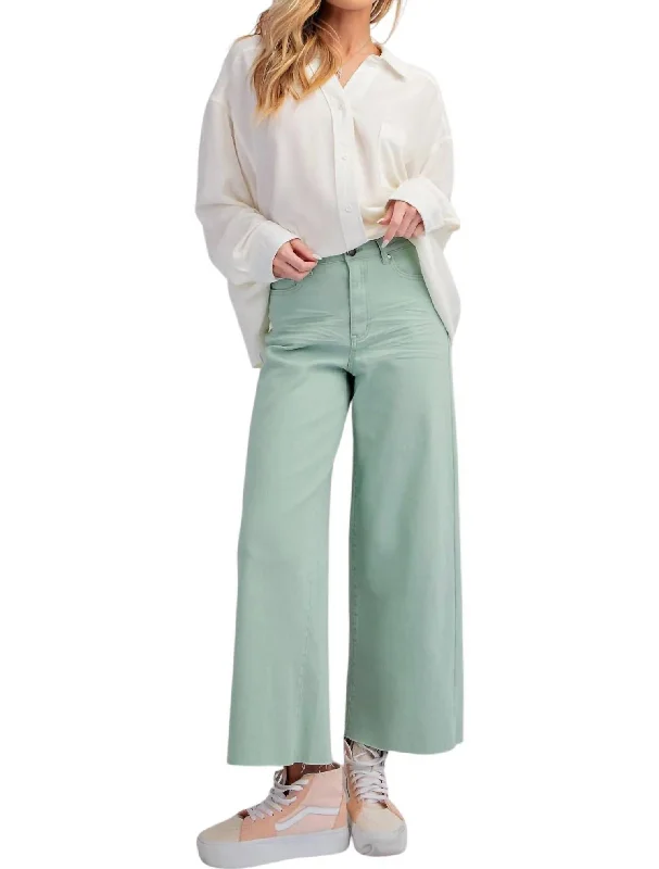 adjustable waist cargo pants -Soft Stretch High Waisted Twill Pants In Mint Sage