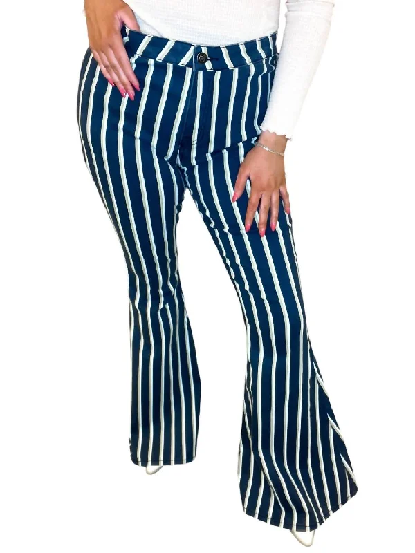 cozy fleece-lined straight leg slim pants -Stripe Flare Jeans In White & Green Pinstripe