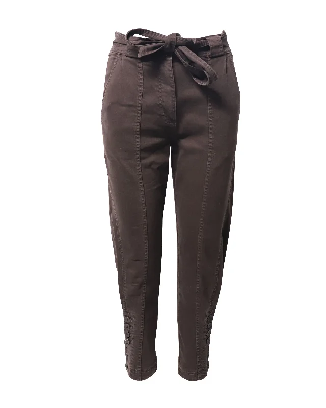 chic paperbag waist wide leg slim pants -Ulla Johnson Carmen High Rise Tapered Jeans in Brown Cotton